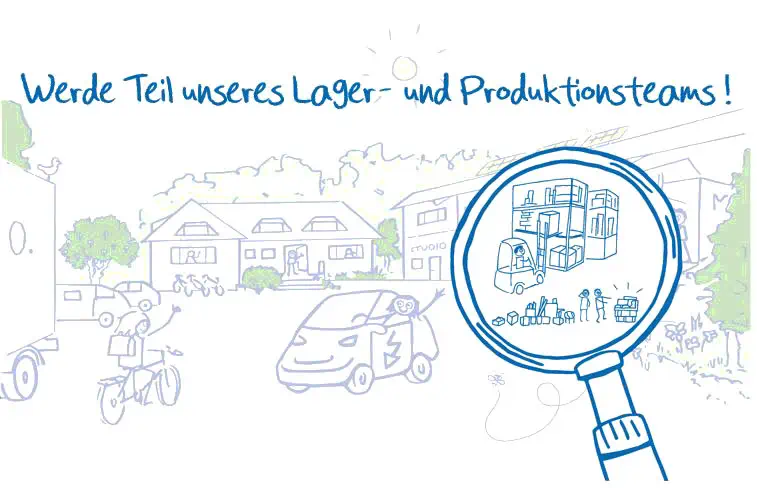 Skizze: Werde Teil unseres Lager- und Produktionsteams! Blick durch die Lupe auf Lager und Produktion in Halstenbek
